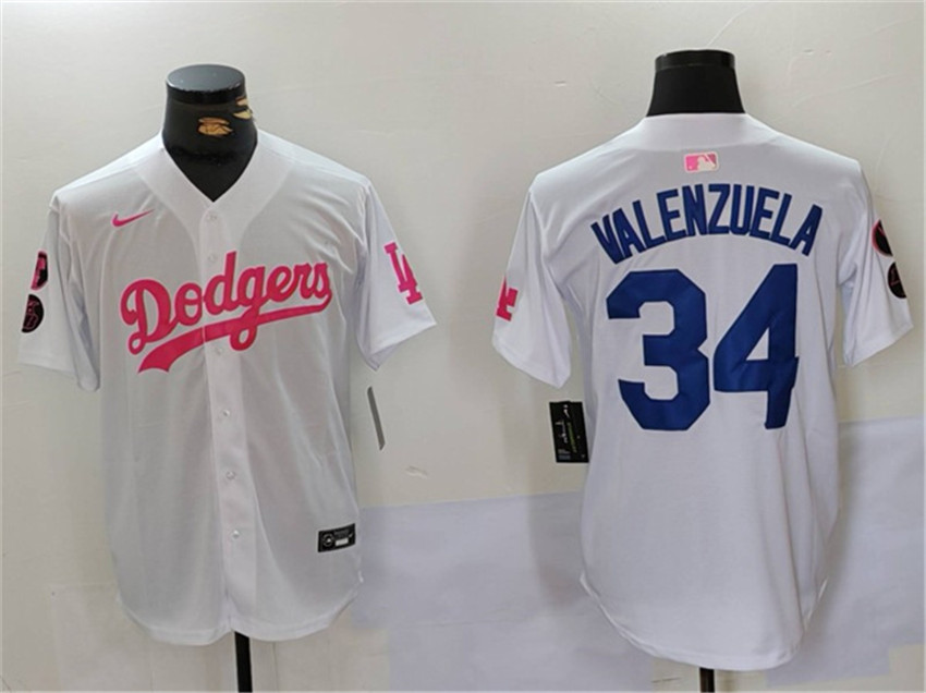Men's White/Pink Los Angeles Dodgers #34 Toro Valenzuela Vin & Kobe Patch Stitched Baseball Jersey